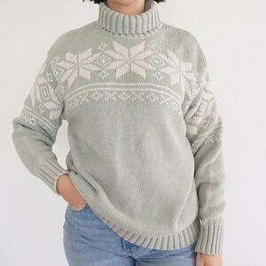 Vintage Eddie Bauer Sage & White 100% Cotton Snowflakes Turtleneck Sweater M